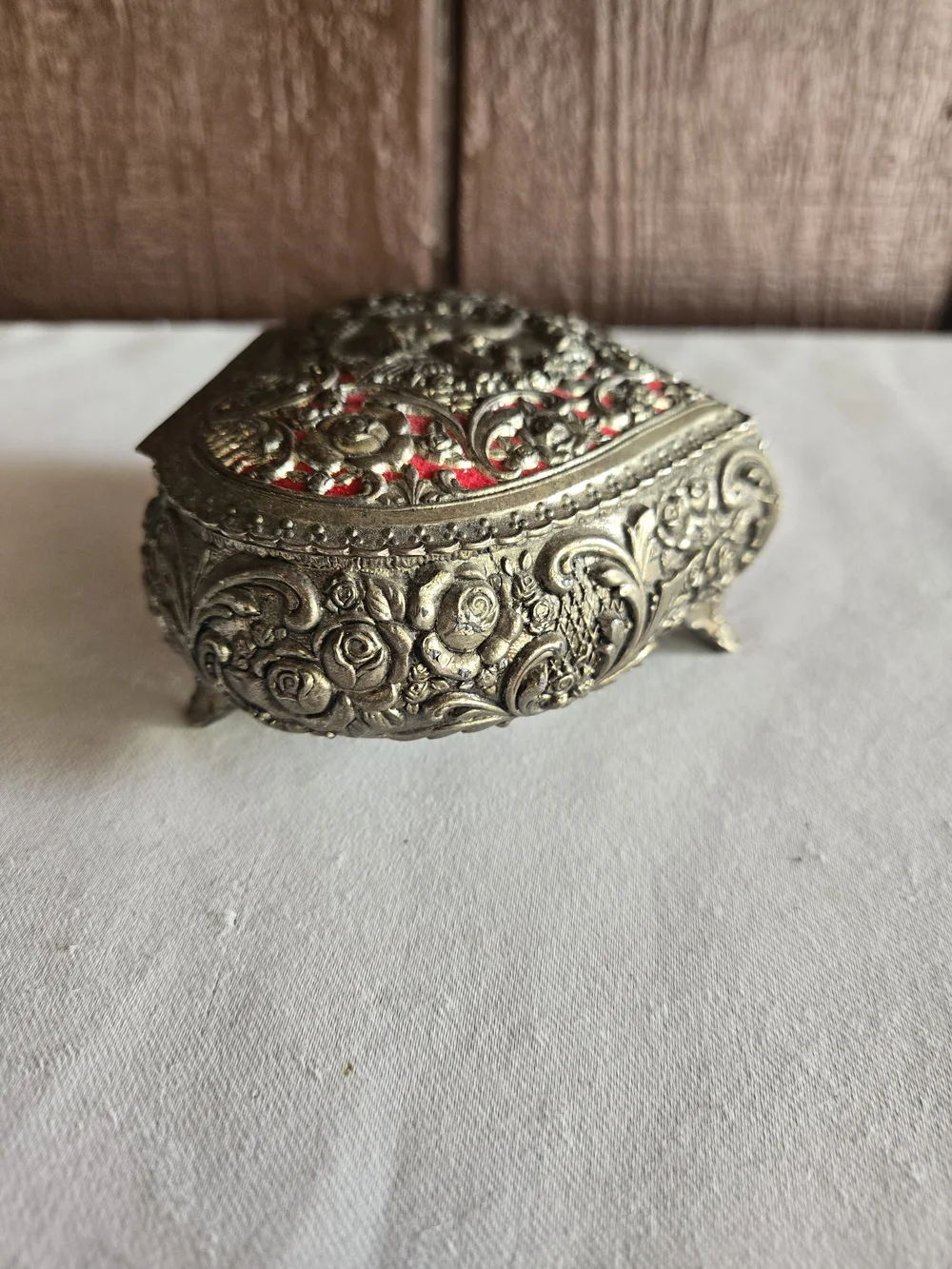 Ornate Heart-Shaped Trinket Box - Cherub and Roses with Red Lining